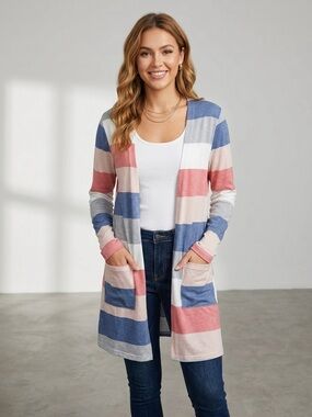 Source Unknown Striped Open Cardigan in Blue, Pink & Cream